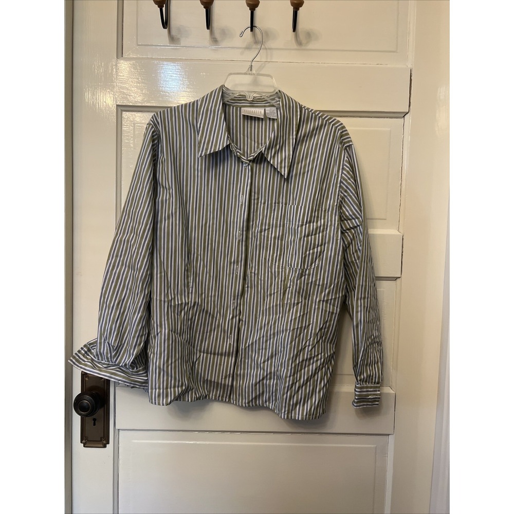 Liz Claiborne Elisabeth Petite Striped Button Up Shirt Women Sz 18P Green Navy